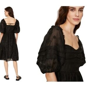 Hofmann Copenhagen Isabella Black Floral Lace Midi Dress Square Neck Puff Sleeve